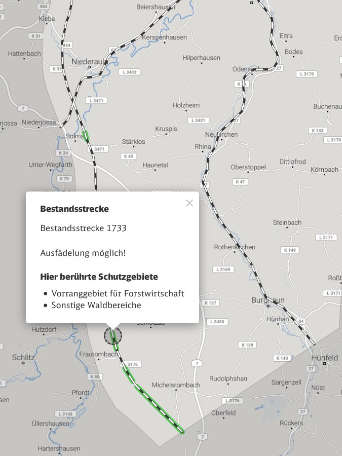 Kartenausschnitt Bestandstrecken und Ausfädelbereiche